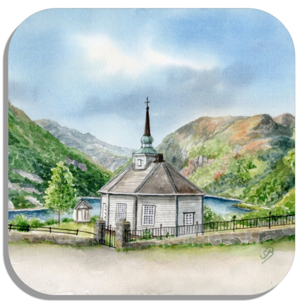 Coasters glass coasters 9,5 x  9,5 cm watercolor art print Norway Norge Geiranger Fjord Church